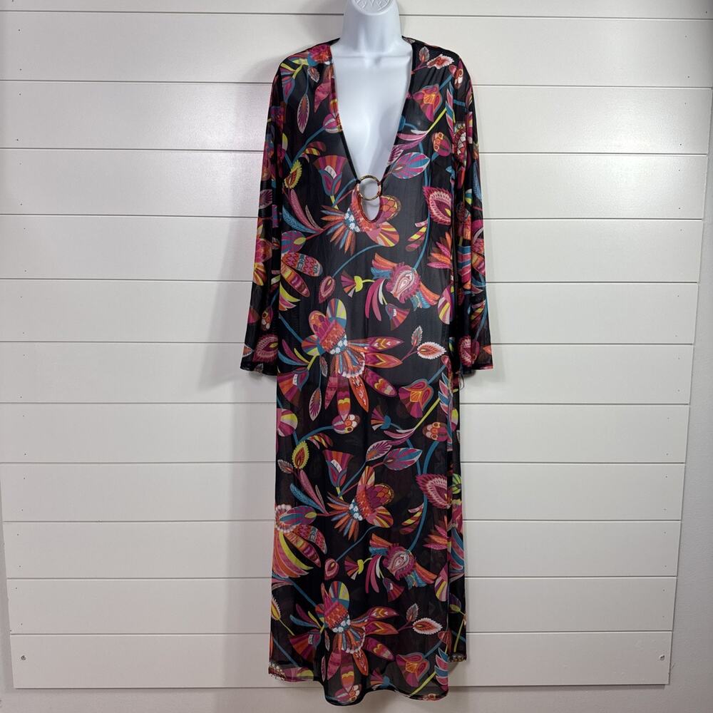 Trina Turk Luminary Swim Cover Up Dress Long Sleeve Mesh Black Floral sz L